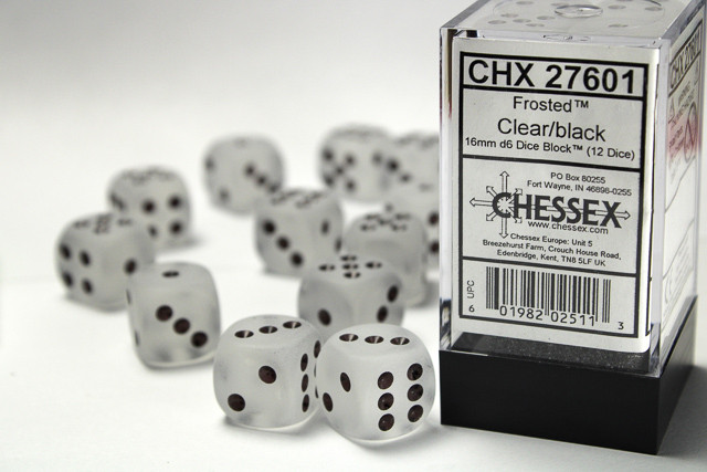 Chessex Frosted 16mm d6 Dice Block (12ct) - Clear/black