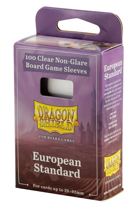 Dragon Shield Board Game Sleeves - Clear/NonGlare - European Standard 100ct. Card size: 59x92mm / Sleeve size: 61.5x94.5mm 